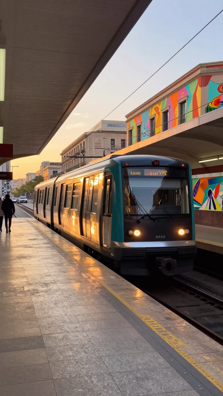 Golden Hour Barcelona Street Scene with Metro Train and Urban Life in in Barcelona, Spain