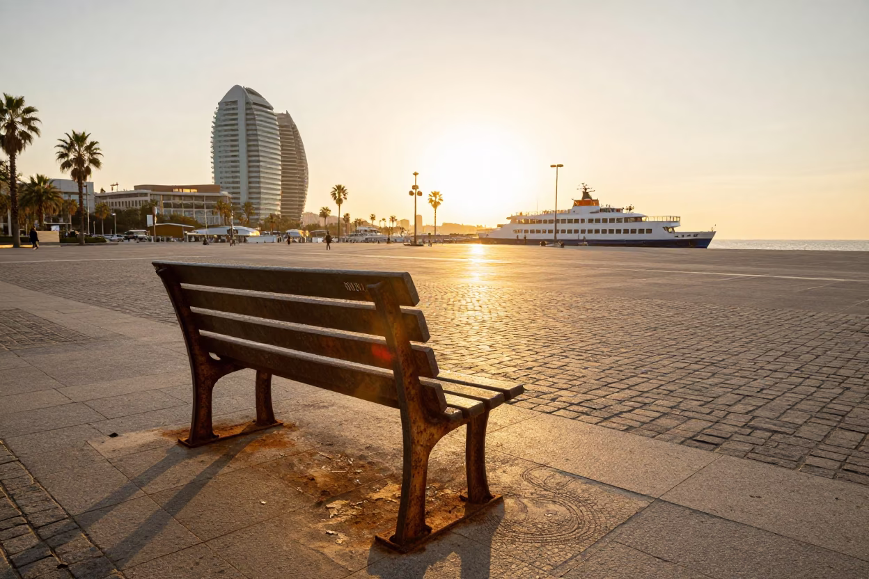 Golden Hour Barcelona Street Scene with Rusty Bench and Harbor Ferry in in Barcelona, Spain