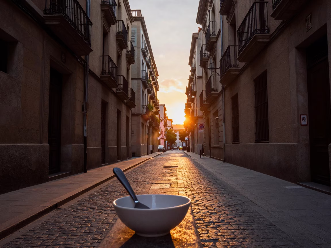 Golden Hour Barcelona Street Scene with Spatula and Bowl on Cafe Table in in Barcelona, Spain