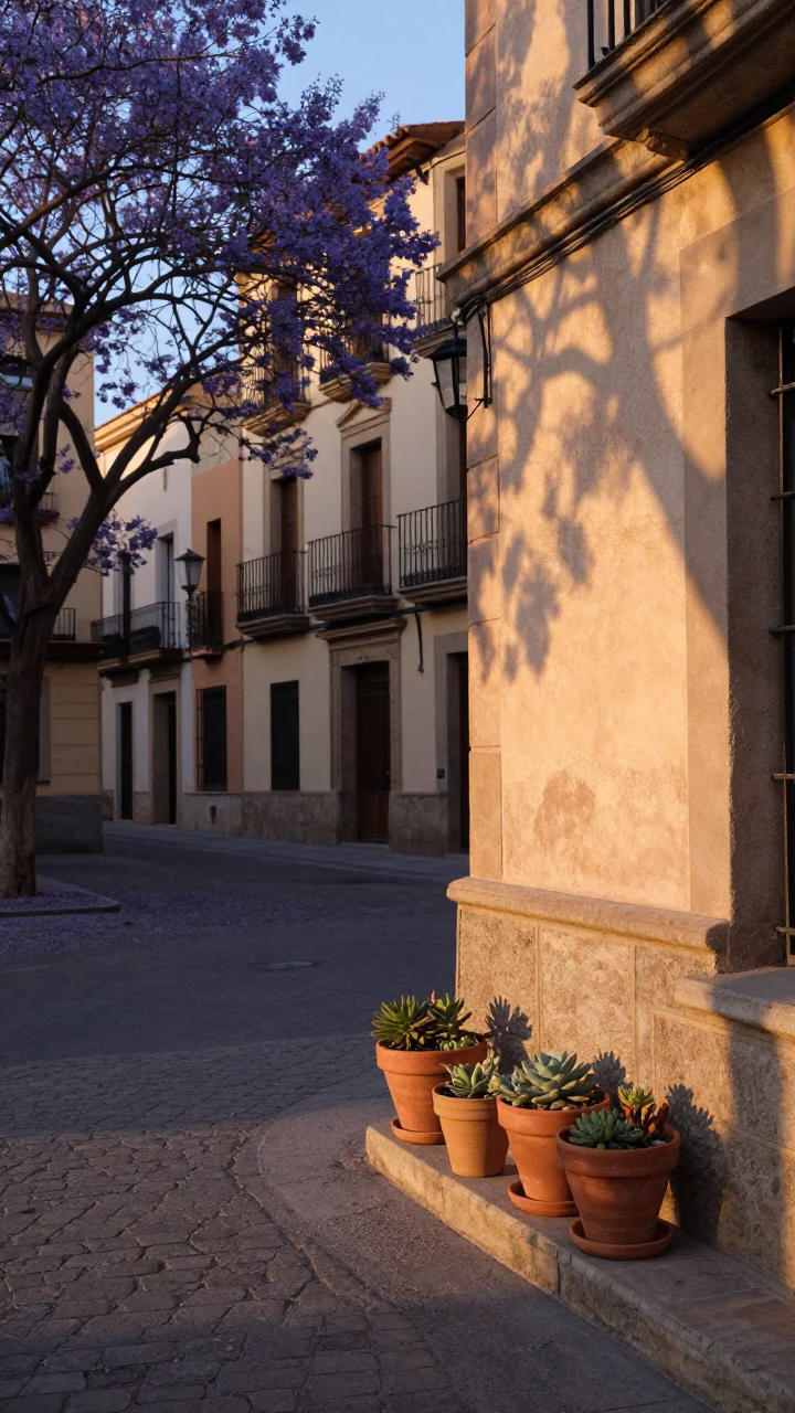 Golden Hour Barcelona Street Scene with Terracotta Pots and Purple Jacaranda Bloom in in Barcelona, Spain