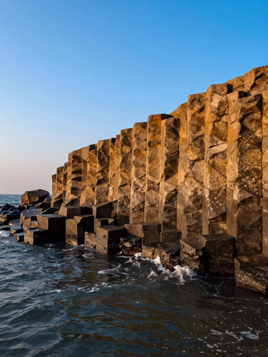 Golden Hour Basalt Columns Mumbai Coast in along a wave-cut shoreline near Mumbai