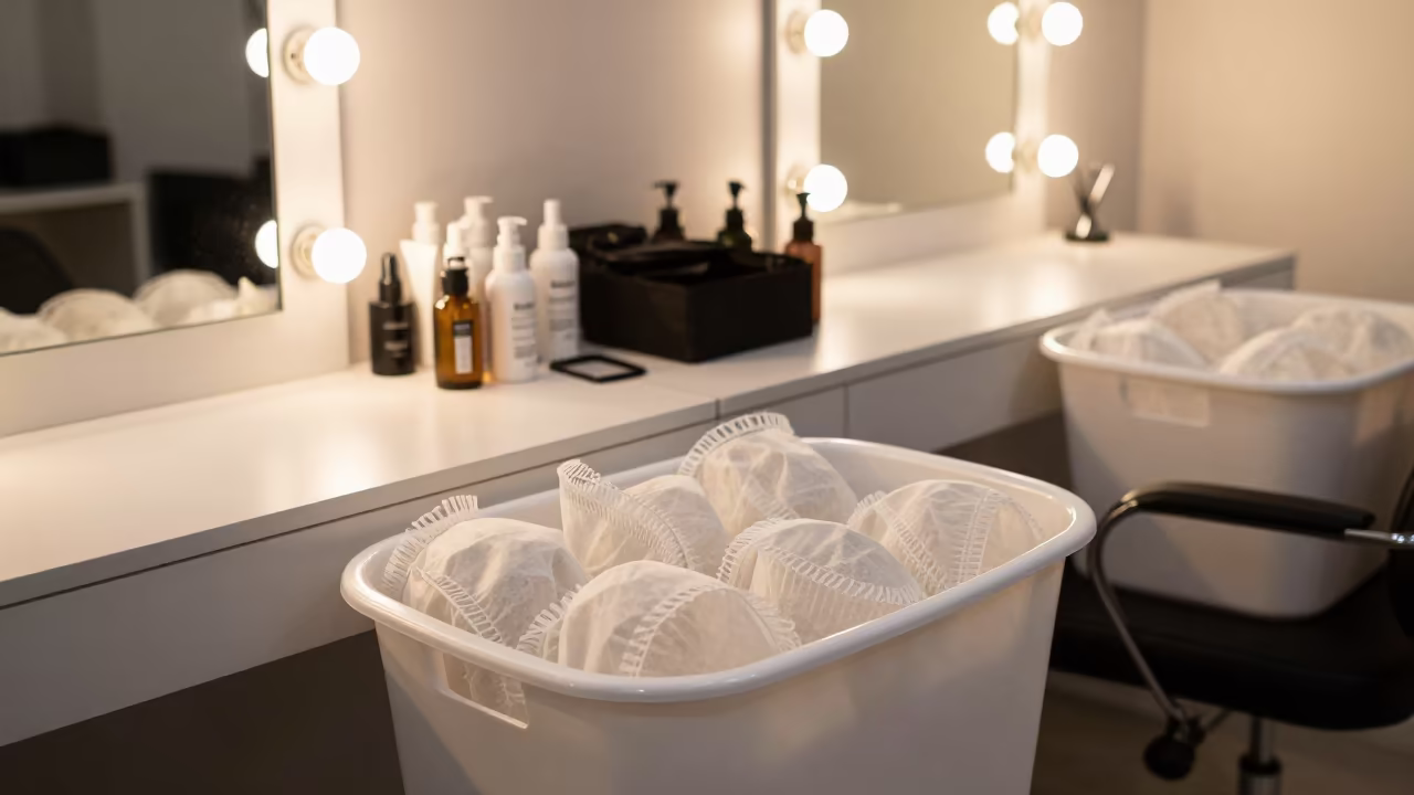 Golden Hour Beauty Station Lash Pillowcase Bin in at a barber station beneath mirror bulbs in Daule