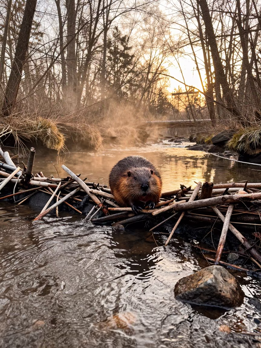 Golden Hour Beaver Dam Near Ar Ramtha Stream in near Ar Ramtha