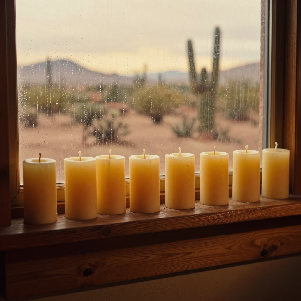 Golden Hour Beeswax Candles on Tucson Mantel in beside a rain-streaked window in Tucson