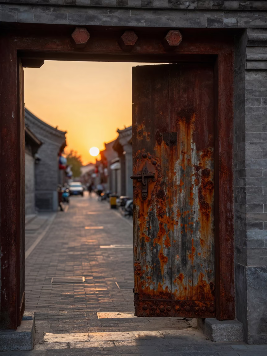 Golden Hour Beijing Street Scene with Rusty Gate and Brass Details in in Beijing, China