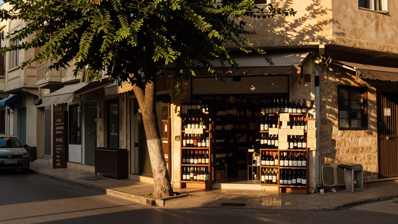 Golden Hour Beirut Street Scene with Fig Tree and Local Shop Details in in Beirut, Lebanon