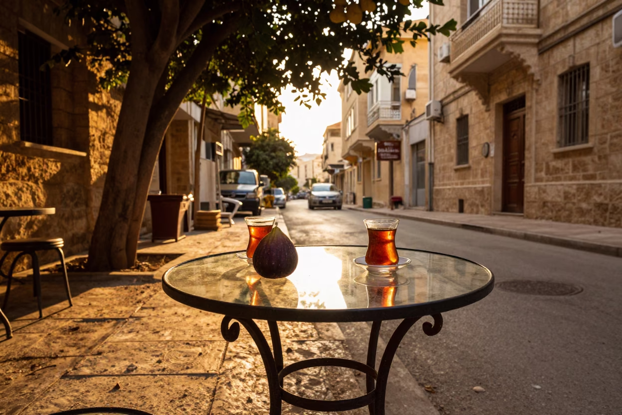 Golden Hour Beirut Street Scene with Fig Tree and Outdoor Tea Stall in in Beirut, Lebanon