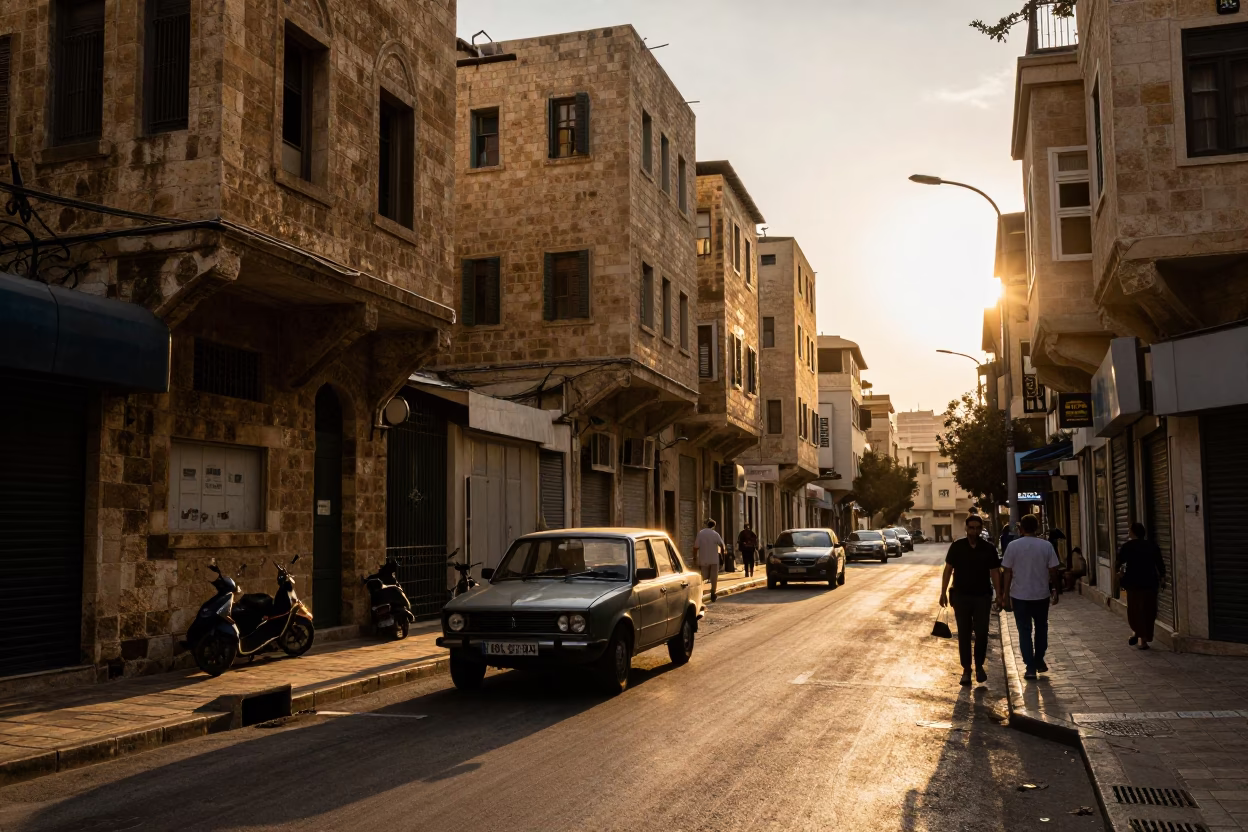 Golden Hour Beirut Street Scene with Sunlight and Vintage Car in in Beirut, Lebanon