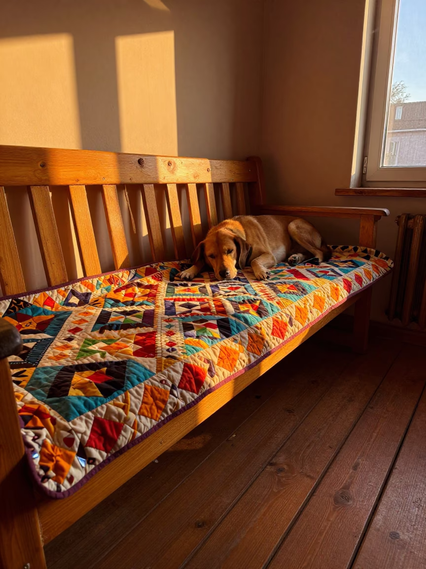 Golden Hour Bench with Quilt and Sleeping Hound in in a sunlit living room in Tashkent