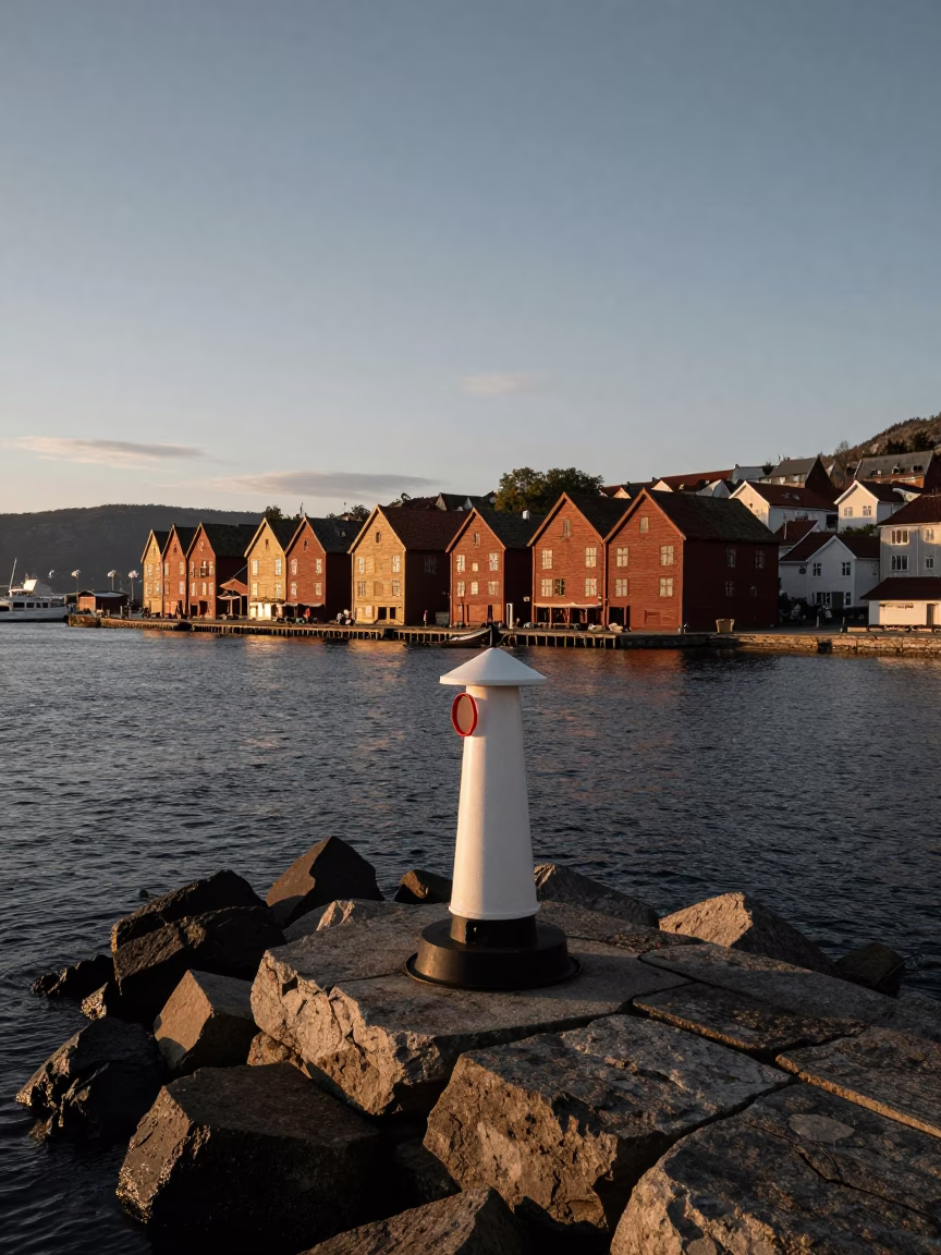 Golden Hour Bergen Norway Coastal Breakwater Warning Beacons Dusk Landscape in in Bergen, Norway