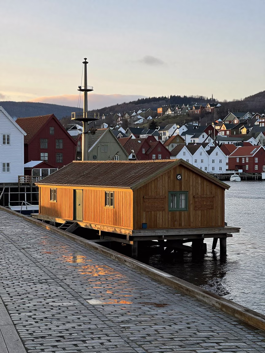 Golden Hour Bergen Norway Harbor View with Seismograph and Mossy Bog Details in in Bergen, Norway
