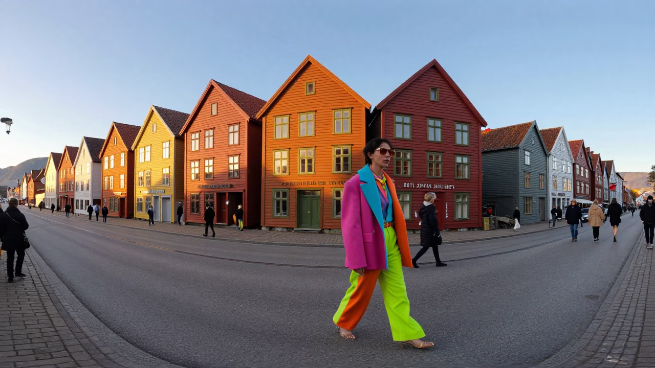 Golden Hour Bergen Norway Street Scene with Colorful Fashion and Traditional Architecture in in Bergen, Norway