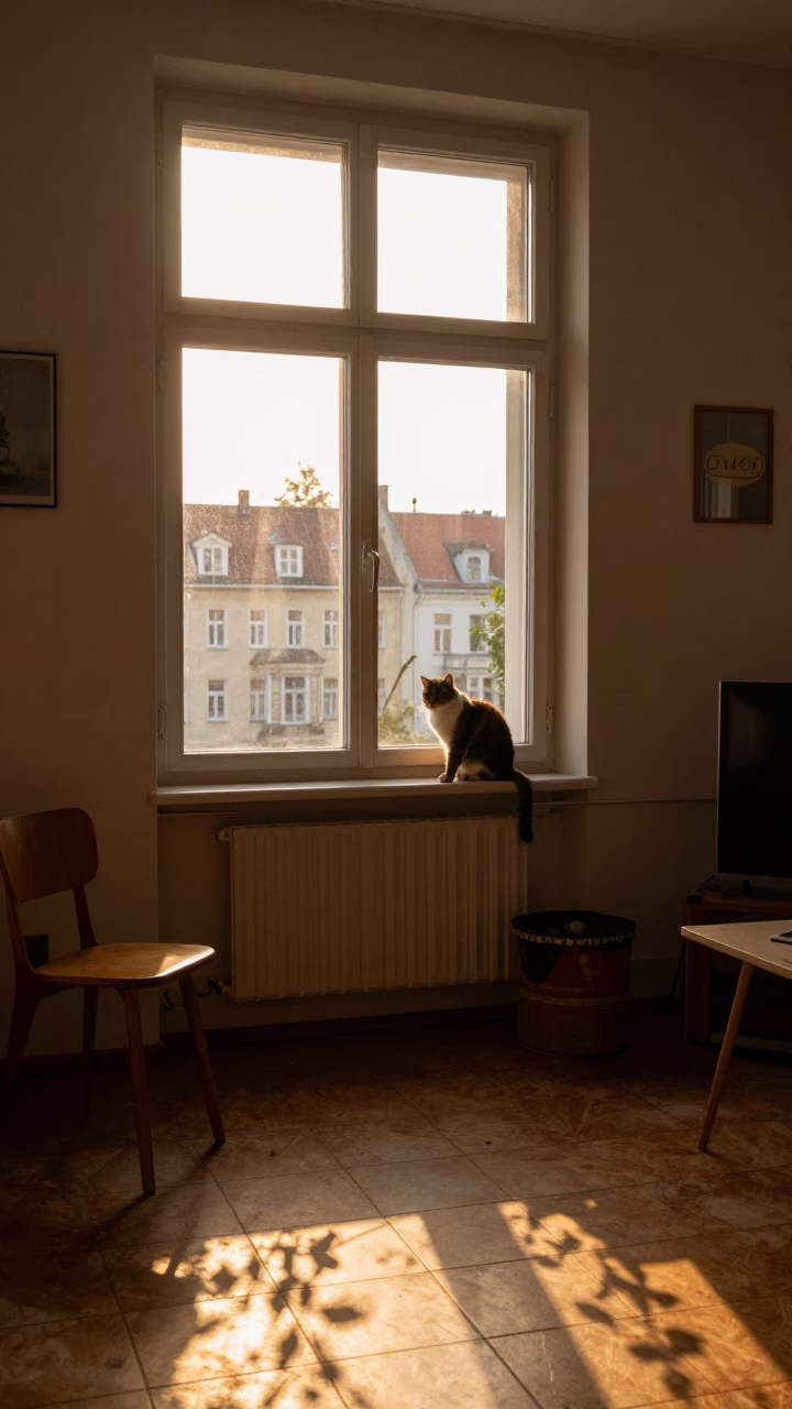 Golden Hour Berlin Apartment Interior with Cat and Vintage Details in in Berlin, Germany