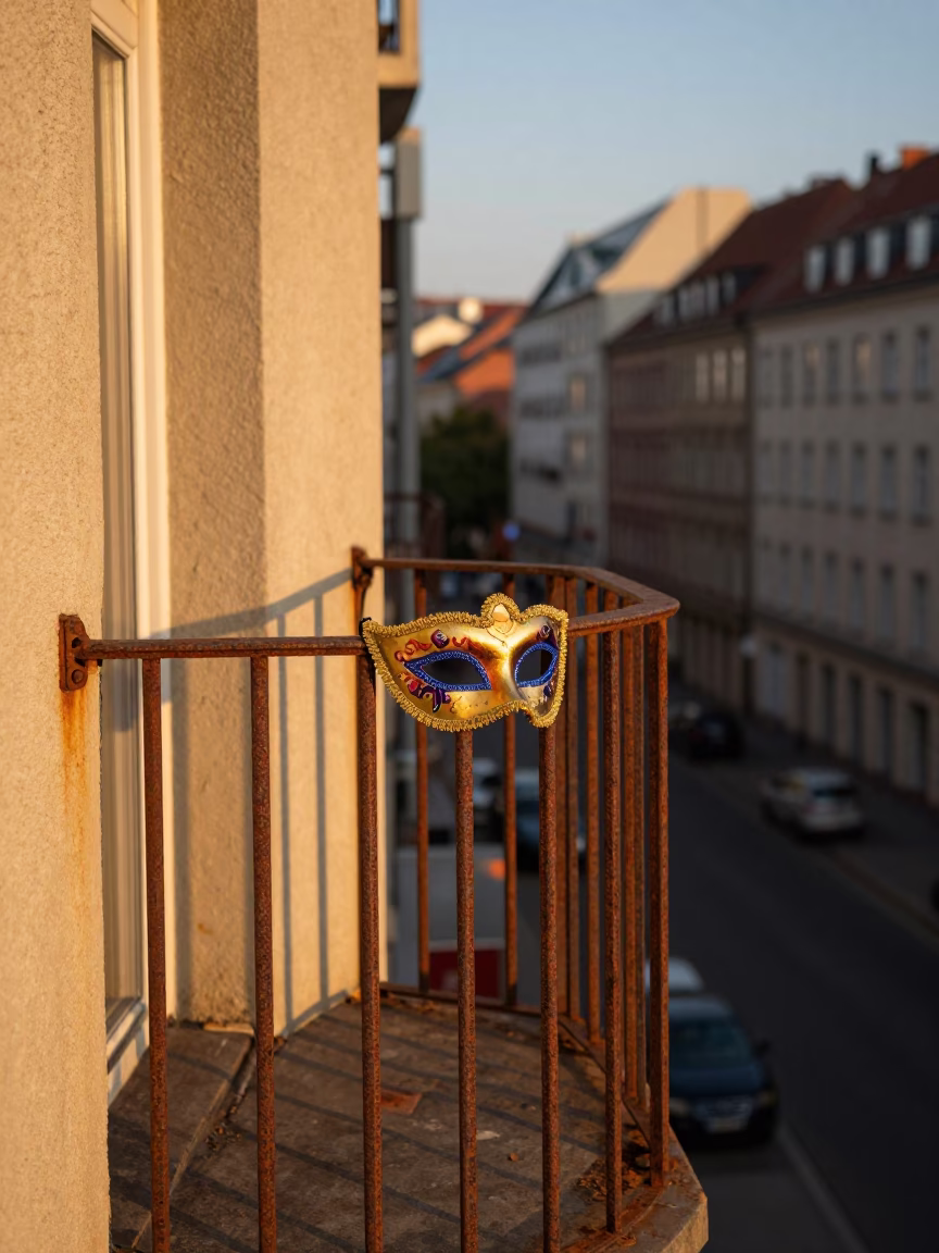 Golden Hour Berlin Balcony Scene with Mardi Gras Mask and Rusty Stool in in Berlin, Germany