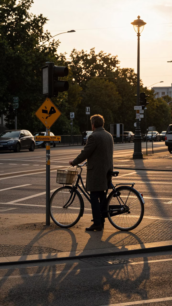 Golden Hour Berlin Street Scene with Bicycle and Bridge Maintenance Cradle Over Spree River in in Berlin, Germany
