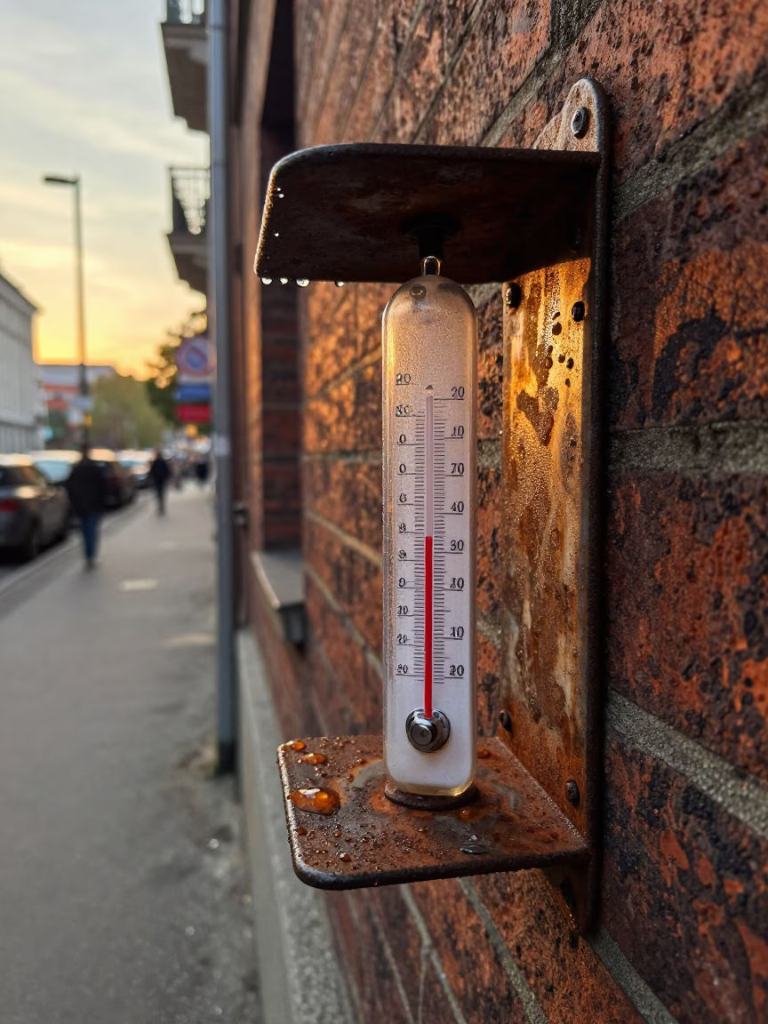 Golden Hour Berlin Street Scene with Condensation and Thermometer in in Berlin, Germany