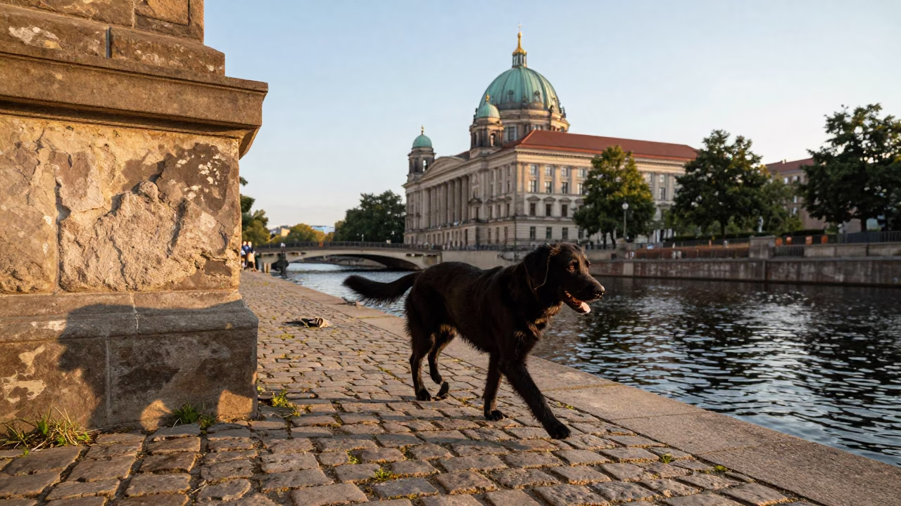 Golden Hour Berlin Street Scene with Flat-Coated Retriever Walking Past Historic Architecture in in Berlin, Germany