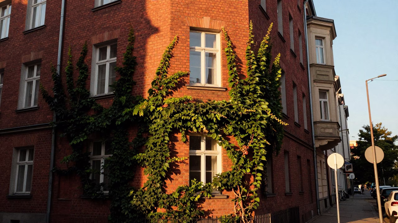 Golden Hour Berlin Street Scene with Ivy Vines and Urban Architecture in in Berlin, Germany