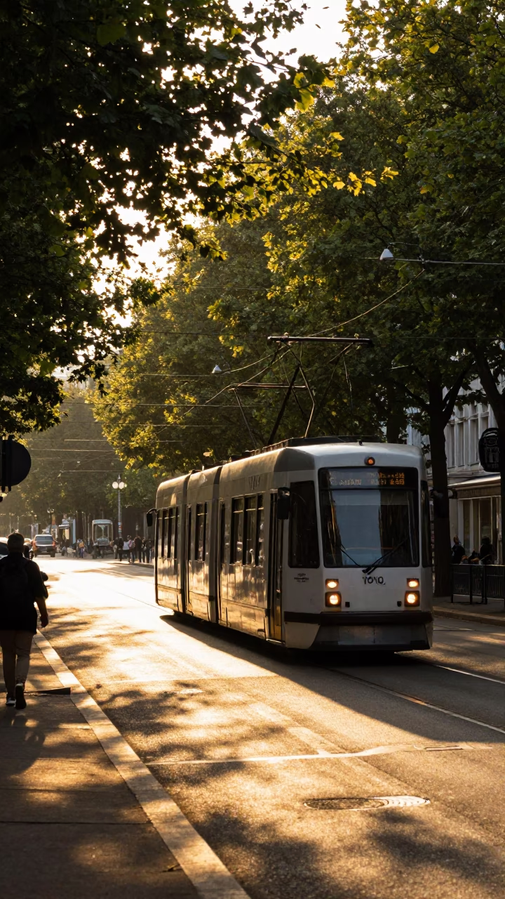 Golden Hour Berlin Street Scene with Tram and Leaf Shadows in in Berlin, Germany