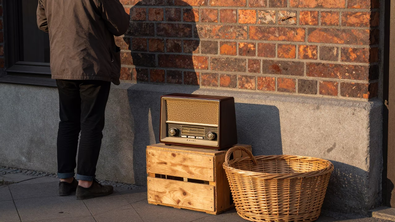 Golden Hour Berlin Street Scene with Vintage Radio and Wicker Hamper in in Berlin, Germany