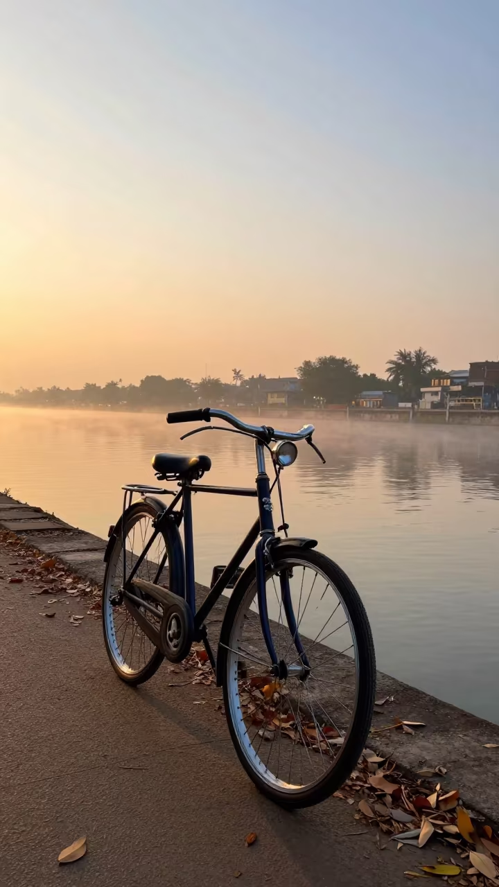 Golden Hour Bicycle on Foggy Mumbai Canal Path in beside a fogbound harbor mouth near Dadar, Mumbai