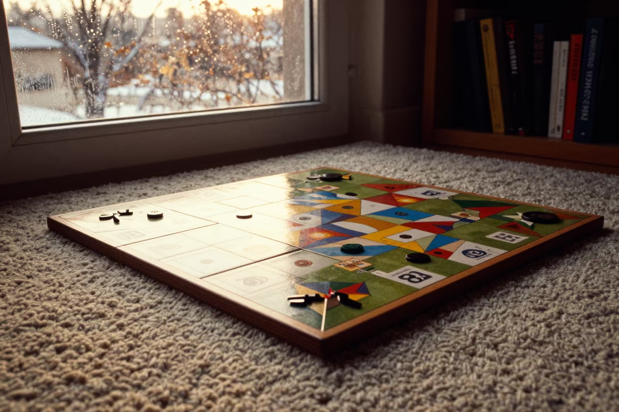 Golden Hour Board Game on Jinan Reading Nook Rug in on a reading nook cushion in Jinan