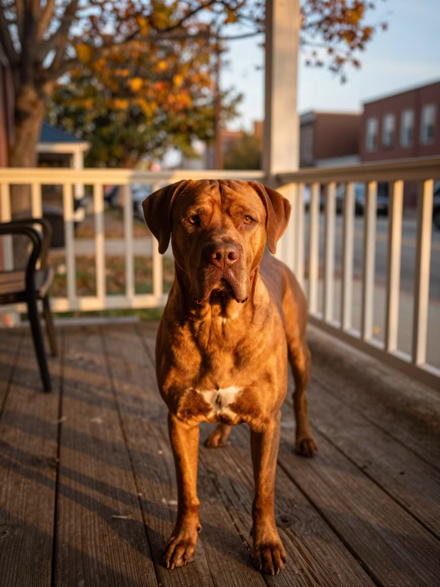 Golden Hour Bolognese on Detroit Porch in on a shaded front porch with boards, railings, and eye-level framing near Detroit