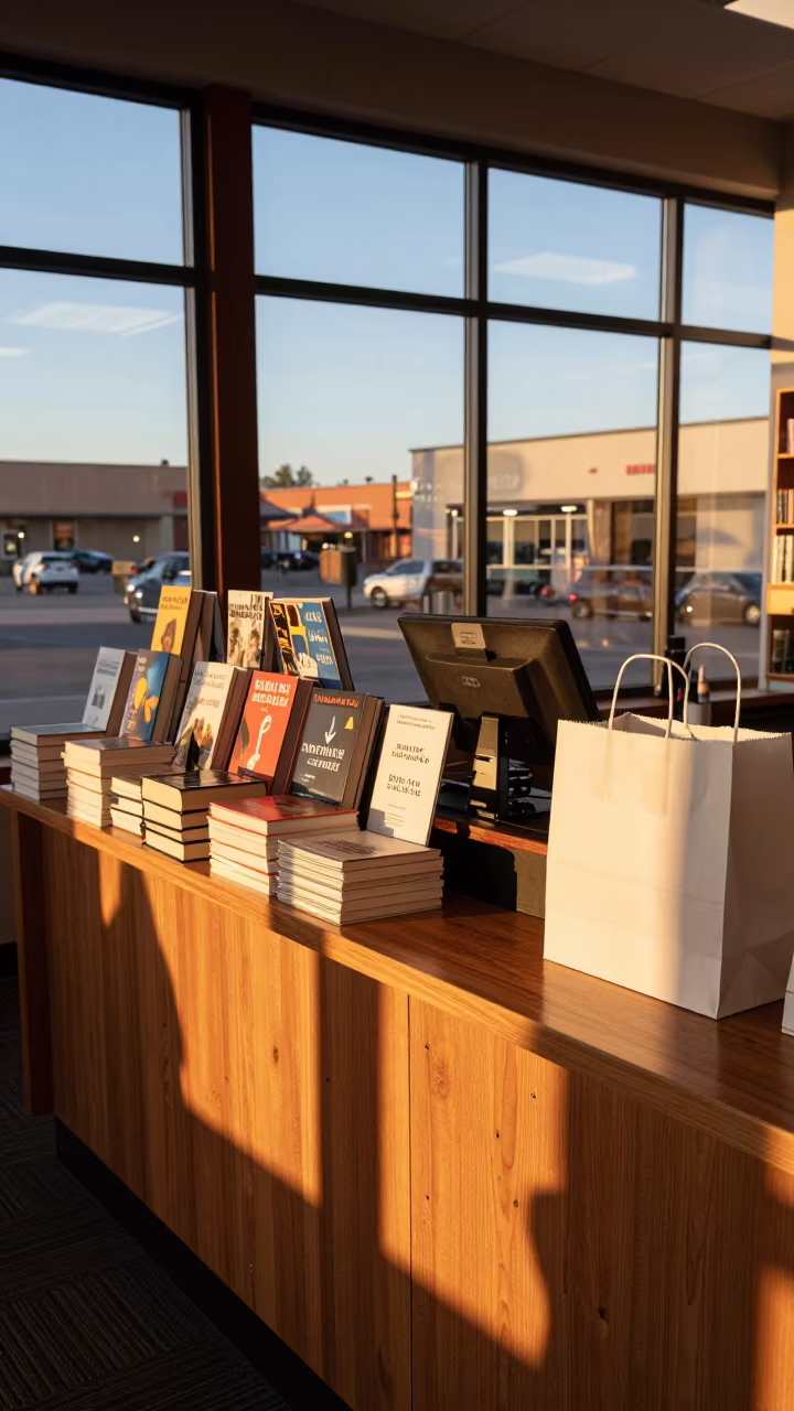 Golden Hour Bookstore Counter Stacks in at a cash wrap counter with bags stacked nearby near Albuquerque