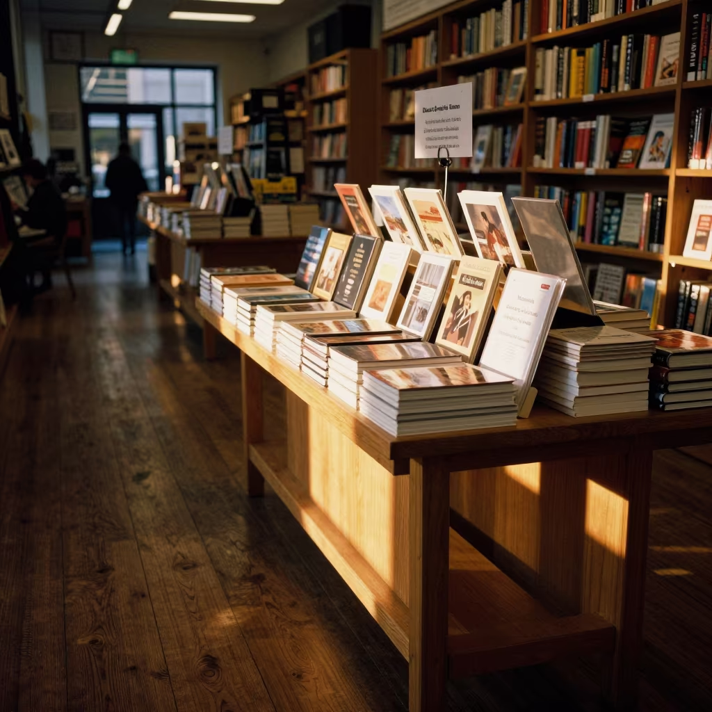 Golden Hour Bookstore Display with Staff Picks in inside a fitting room corridor near Canterbury