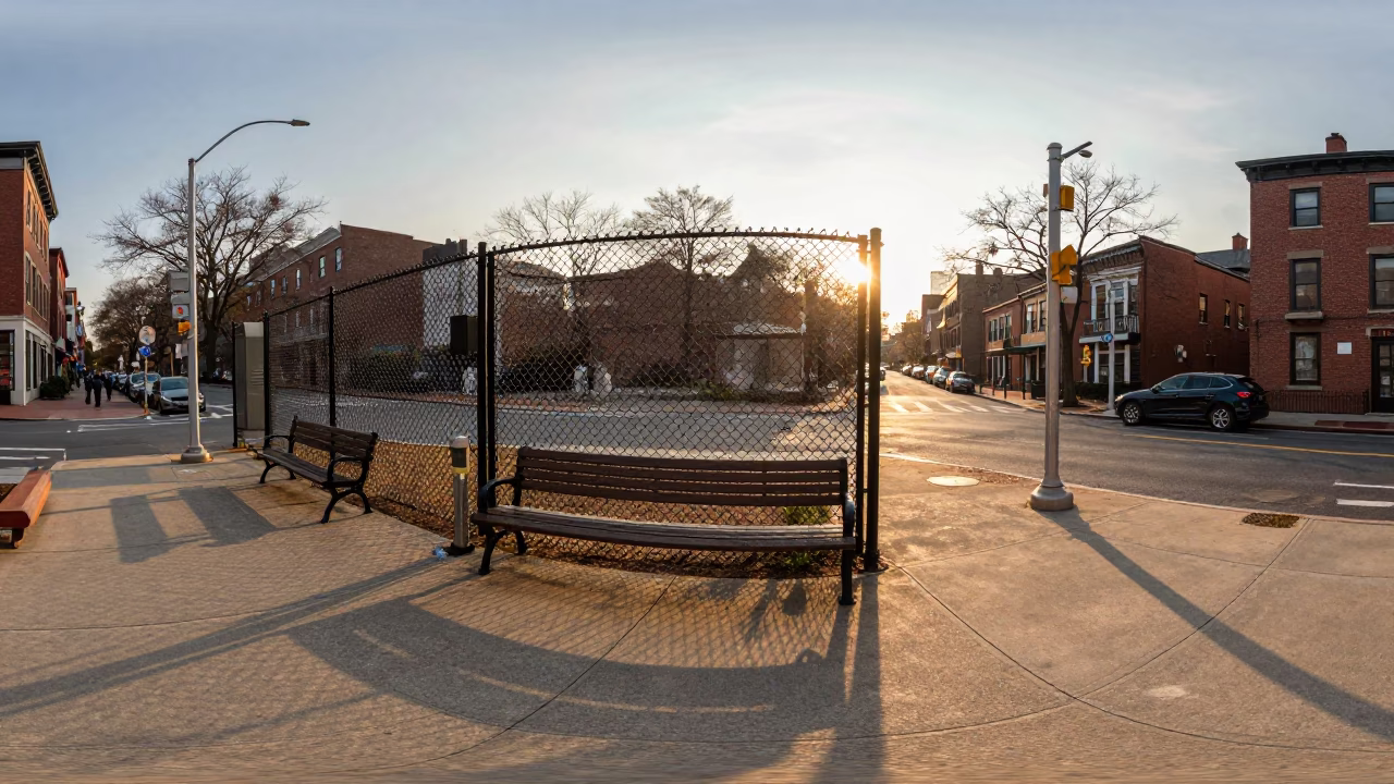 Golden Hour Boston Street Scene with Substation Fence and Urban Bench Shadows in in Boston, Massachusetts, United States