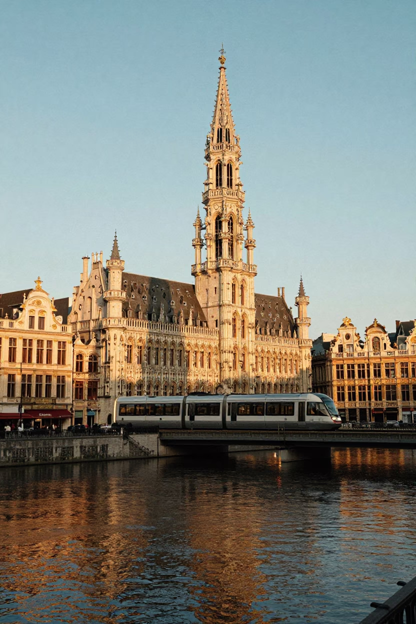 Golden Hour Brussels Skyline with Monorail and Urban Water Reflections in in Brussels, Belgium
