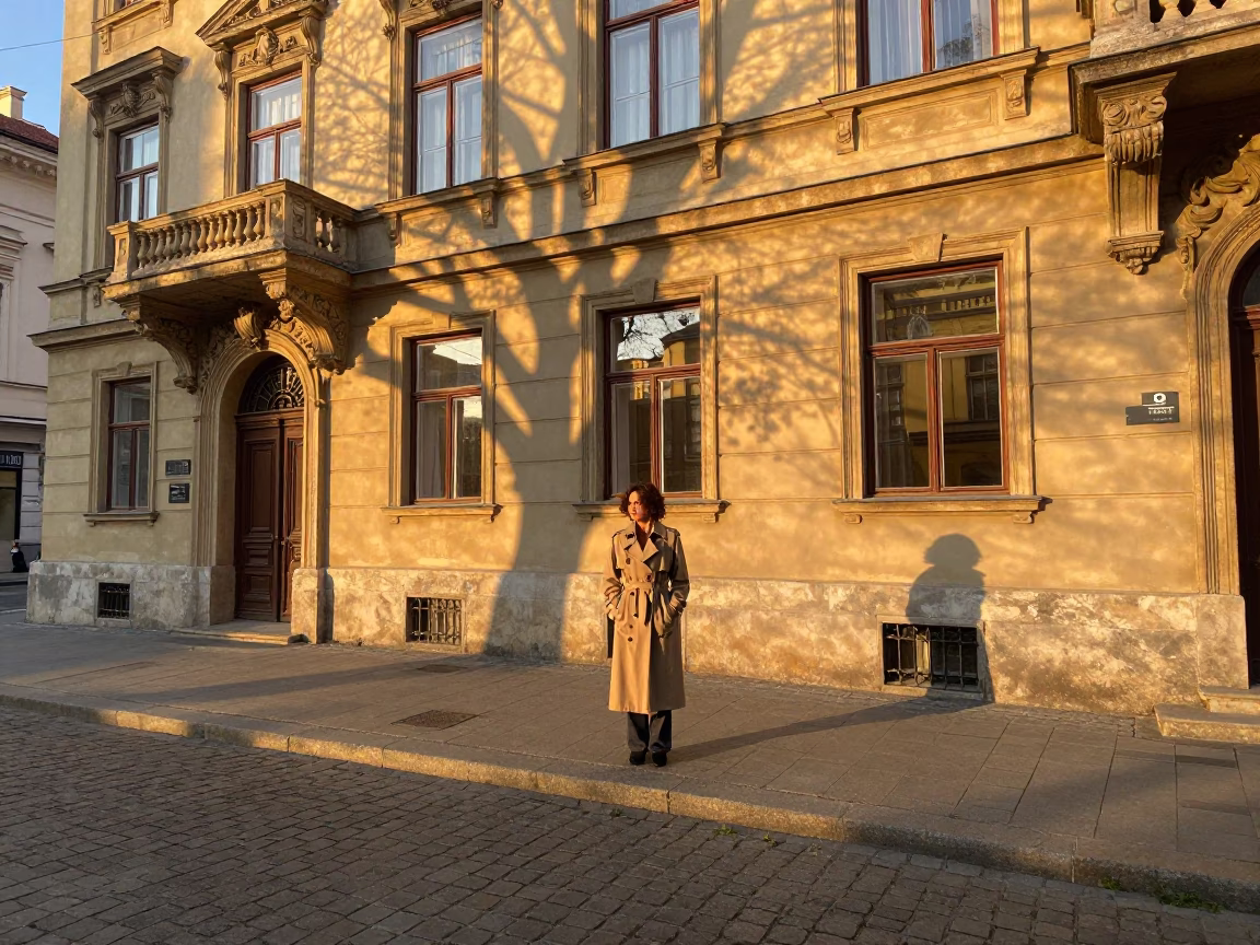 Golden Hour Budapest Street Scene with Copper Beech and Hotel Reflections in in Budapest, Hungary