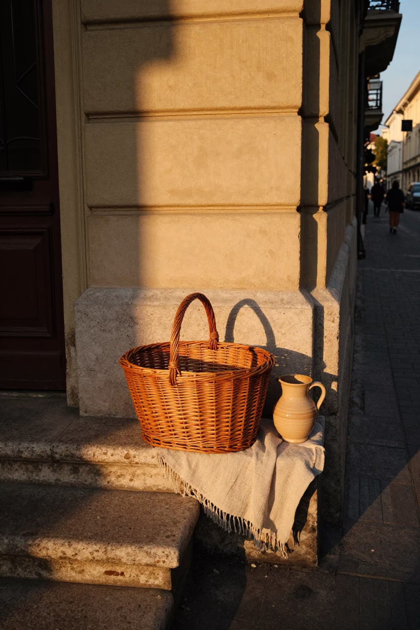 Golden Hour Budapest Street Scene with Wicker Shadow and Linen Fringe Details in in Budapest, Hungary