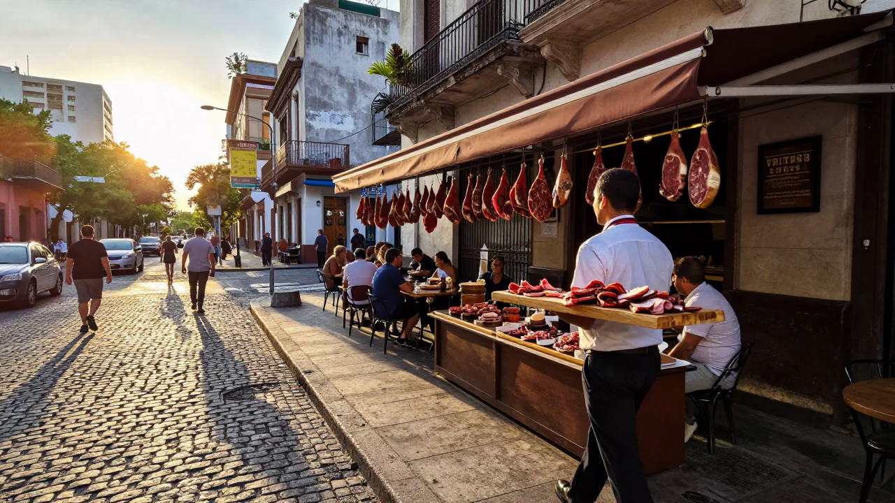 Golden Hour Buenos Aires Street Scene with Local Charcuterie Display in in Buenos Aires, Argentina