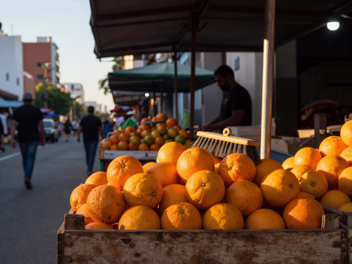 Golden Hour Buenos Aires Street Scene with Oranges and Shoe Brush at Local Market in in Buenos Aires, Argentina