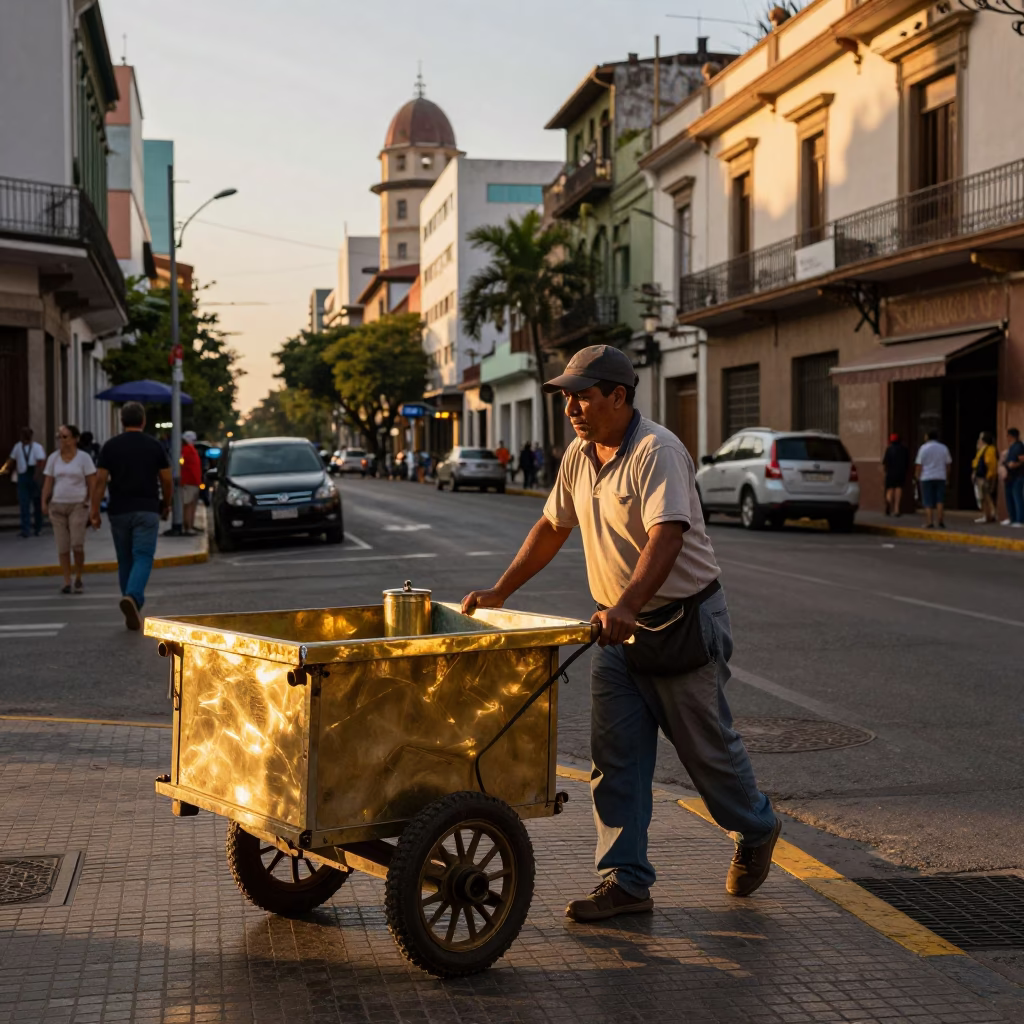 Golden Hour Buenos Aires Street Scene with Polished Brass and Local Life in in Buenos Aires, Argentina