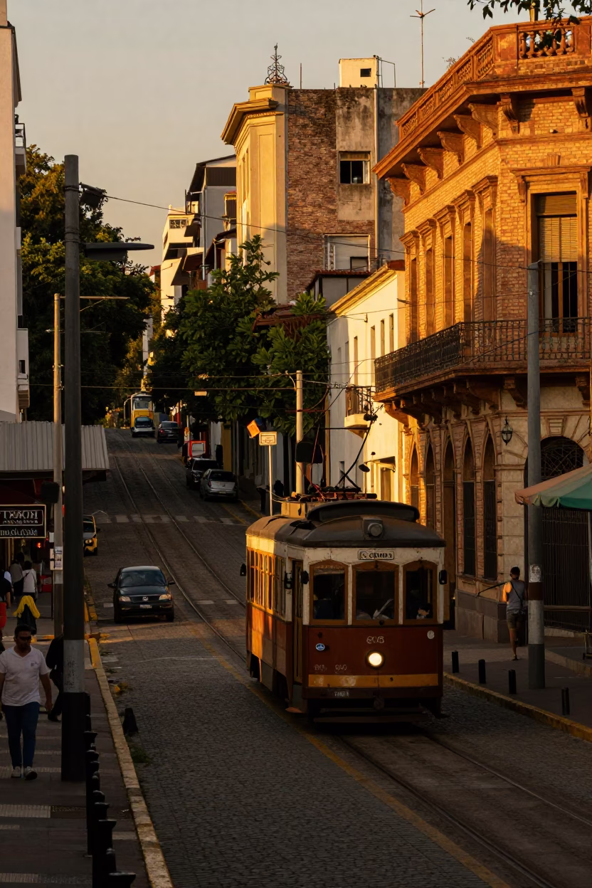 Golden Hour Buenos Aires Street Scene with Trams and Urban Architecture in in Buenos Aires, Argentina