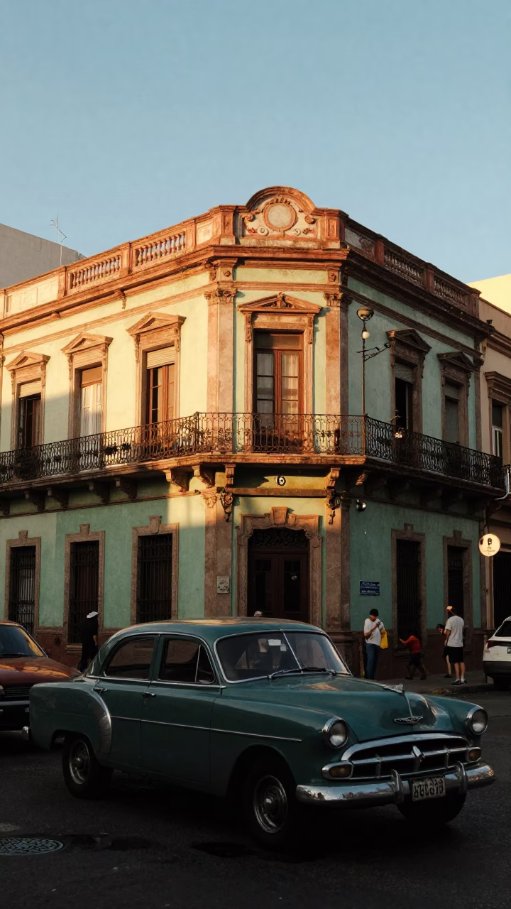 Golden Hour Buenos Aires Street Scene with Vintage Car and Local Architecture in in Buenos Aires, Argentina