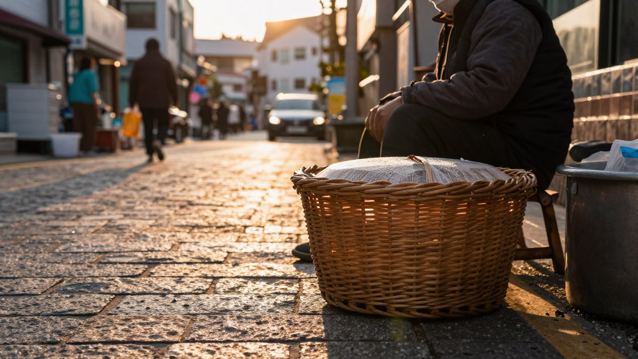 Golden Hour Busan Street Scene with Wicker Basket and Condensation Detail in in Busan, South Korea