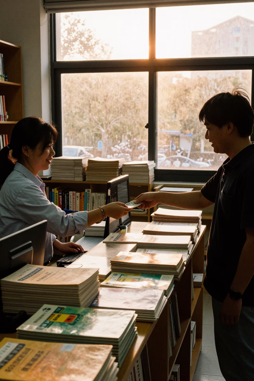 Golden Hour Bustle at Shanghai University Bookstore Counter with Course Packets in in Shanghai, China