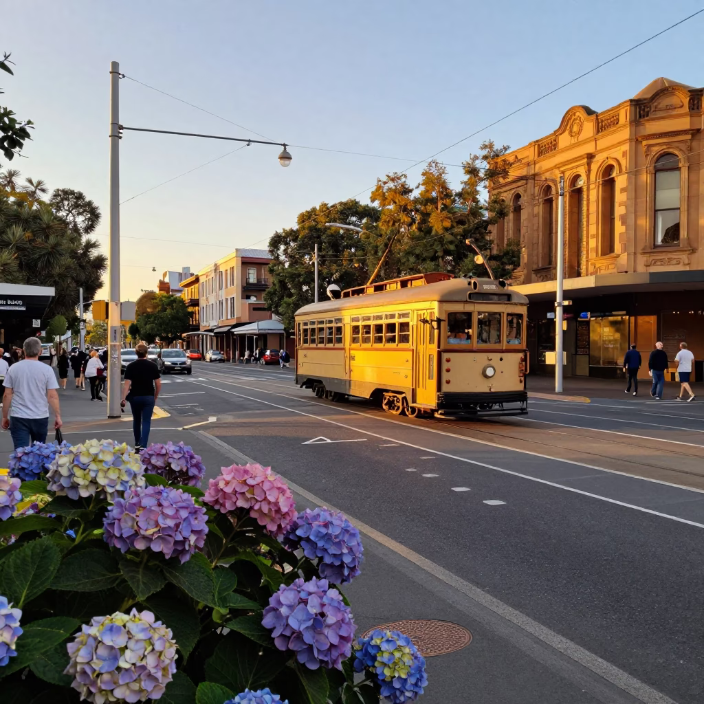 Golden Hour Busy Sydney Street Scene with Hydrangeas and Vintage Trolley in in Sydney, New South Wales, Australia