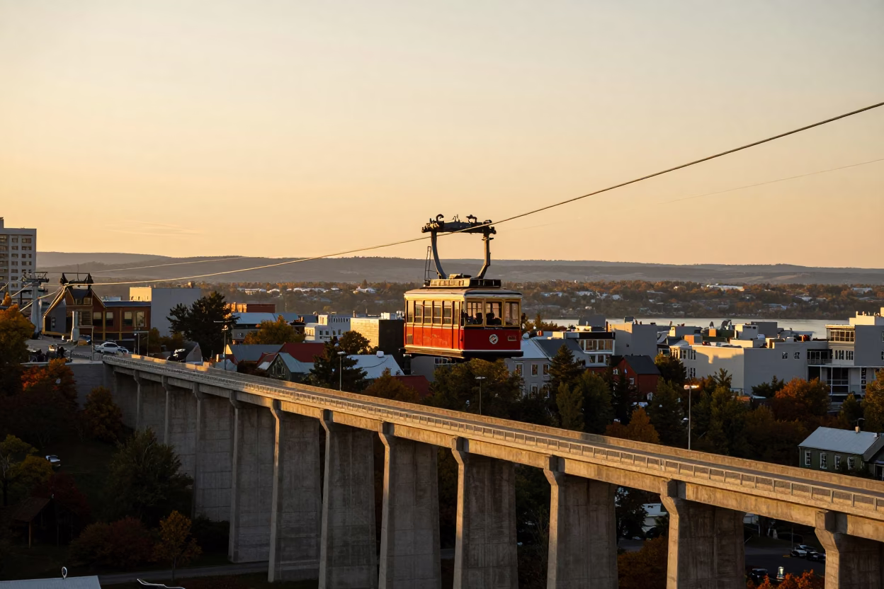 Golden Hour Cable Car and Concrete Viaduct Over Quebec City Quebec Canada in in Quebec City, Quebec, Canada
