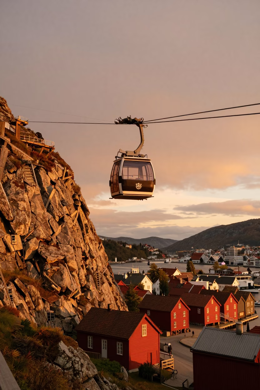 Golden Hour Cable Car and Window Boxes in Bergen Norway in in Bergen, Norway