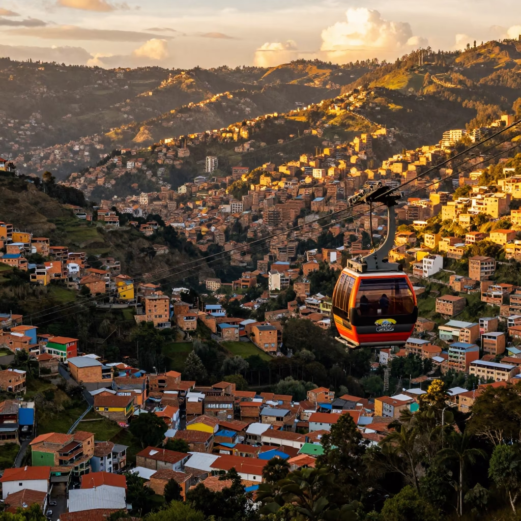 Golden Hour Cable Car Crossing Andes Valley Above Medellin Colombia in in Medellin, Colombia