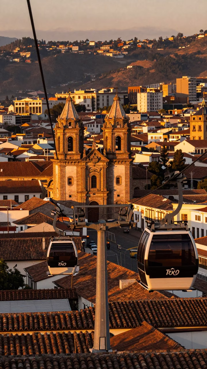 Golden Hour Cable Car View Over Historic Quito Ecuador Architecture in in Quito, Ecuador