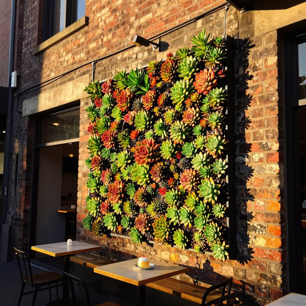 Golden Hour Cafe Scene in Melbourne Victoria with Living Wall and Dessert in in Melbourne, Victoria, Australia