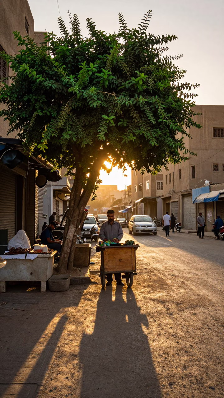 Golden Hour Cairo Street Scene with Mint Leaves and Local Vendors at Sunset in in Cairo, Egypt