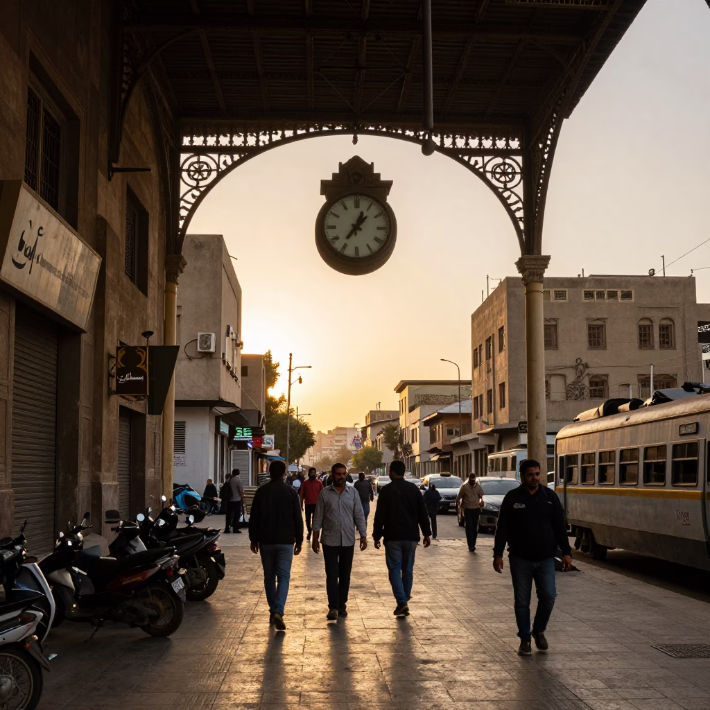 Golden Hour Cairo Street Scene with Vintage Clock and Local Interaction in in Cairo, Egypt