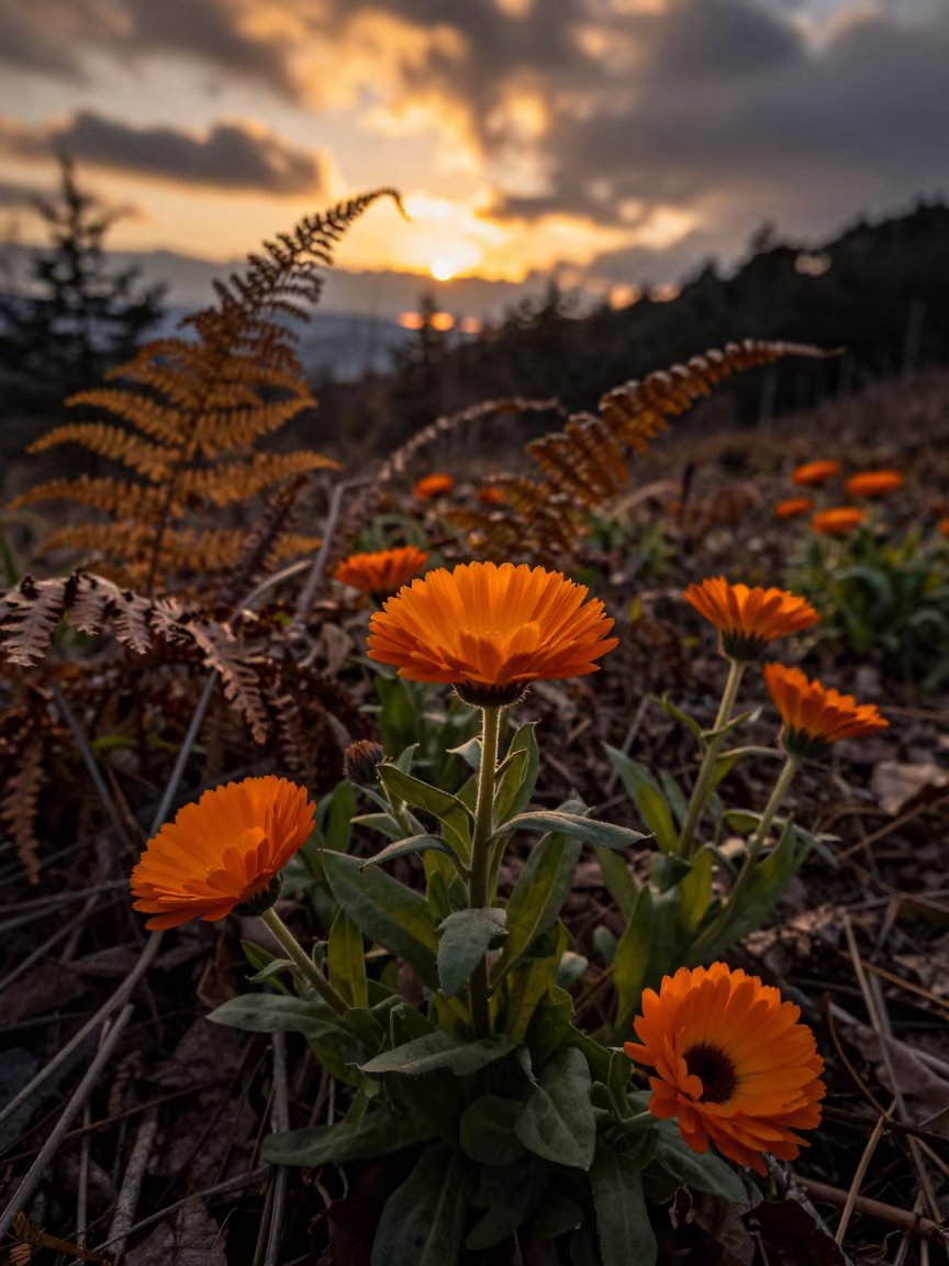 Golden Hour Calendula Patch Near Nagasaki in on a fern-lined forest floor near Nagasaki