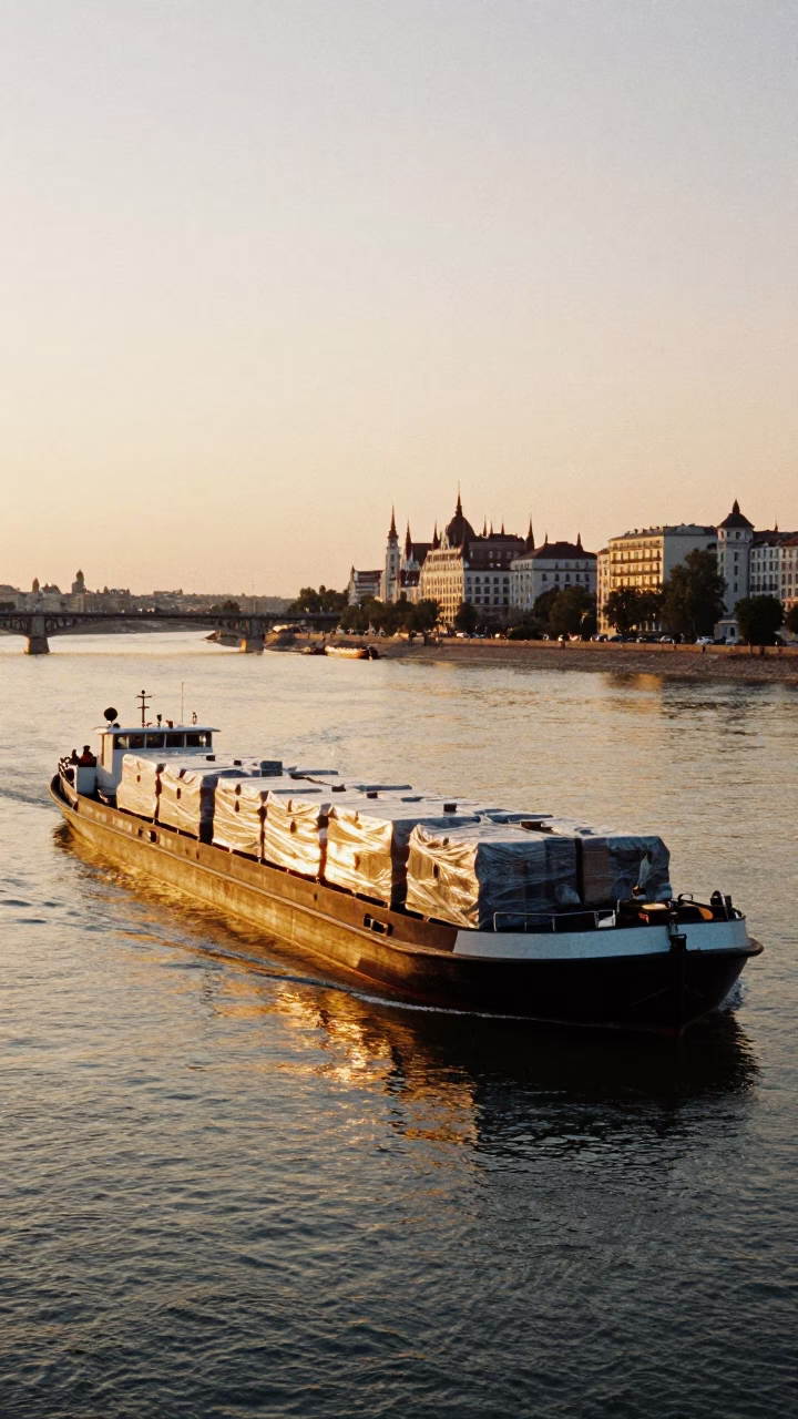 Golden Hour Canal Barge Cargo in Budapest Hungary in in Budapest, Hungary